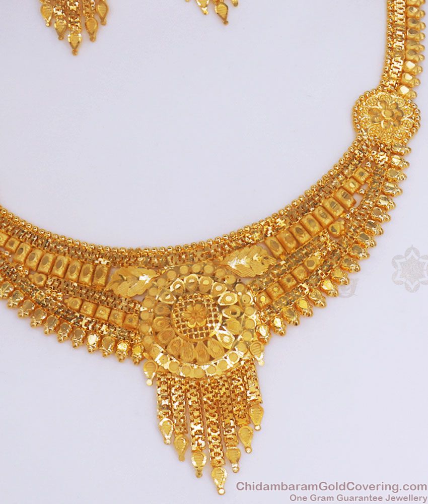 Two Gram Gold Calcutta Pattern Forming Necklace Earring Combo Set NCKN2923 Two Gram Gold Calcutta Pattern Forming Necklace Earring Combo Set NCKN2923