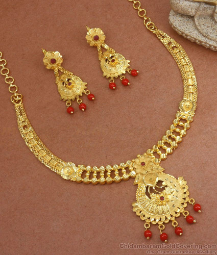 Traditional Coral Stone Forming Necklace Design With Earrings NCKN2925