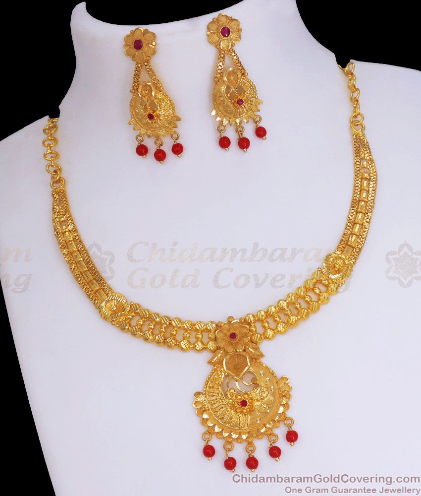 Traditional Coral Stone Forming Necklace Design With Earrings NCKN2925