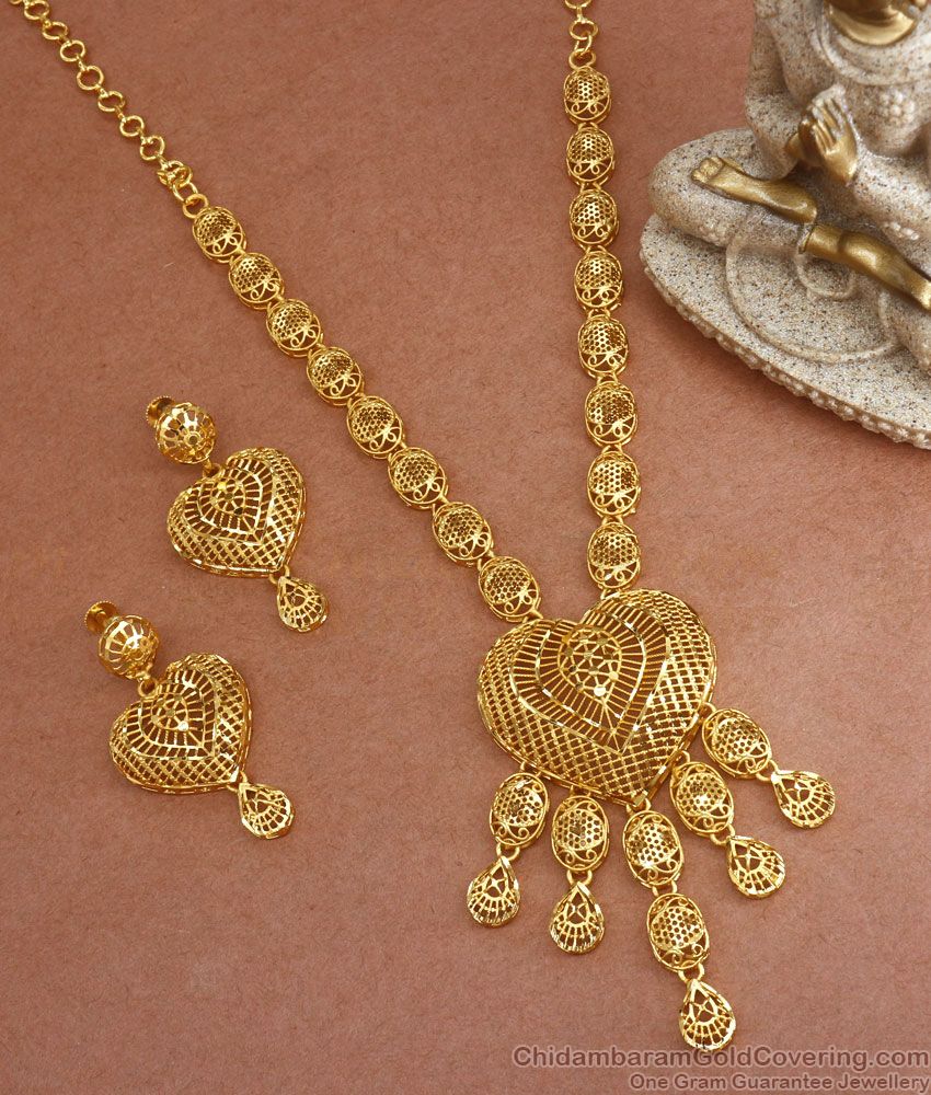 Premium Arabic Pattern 2 Gram Gold Heart Necklace Earring Combo Set NCKN2928