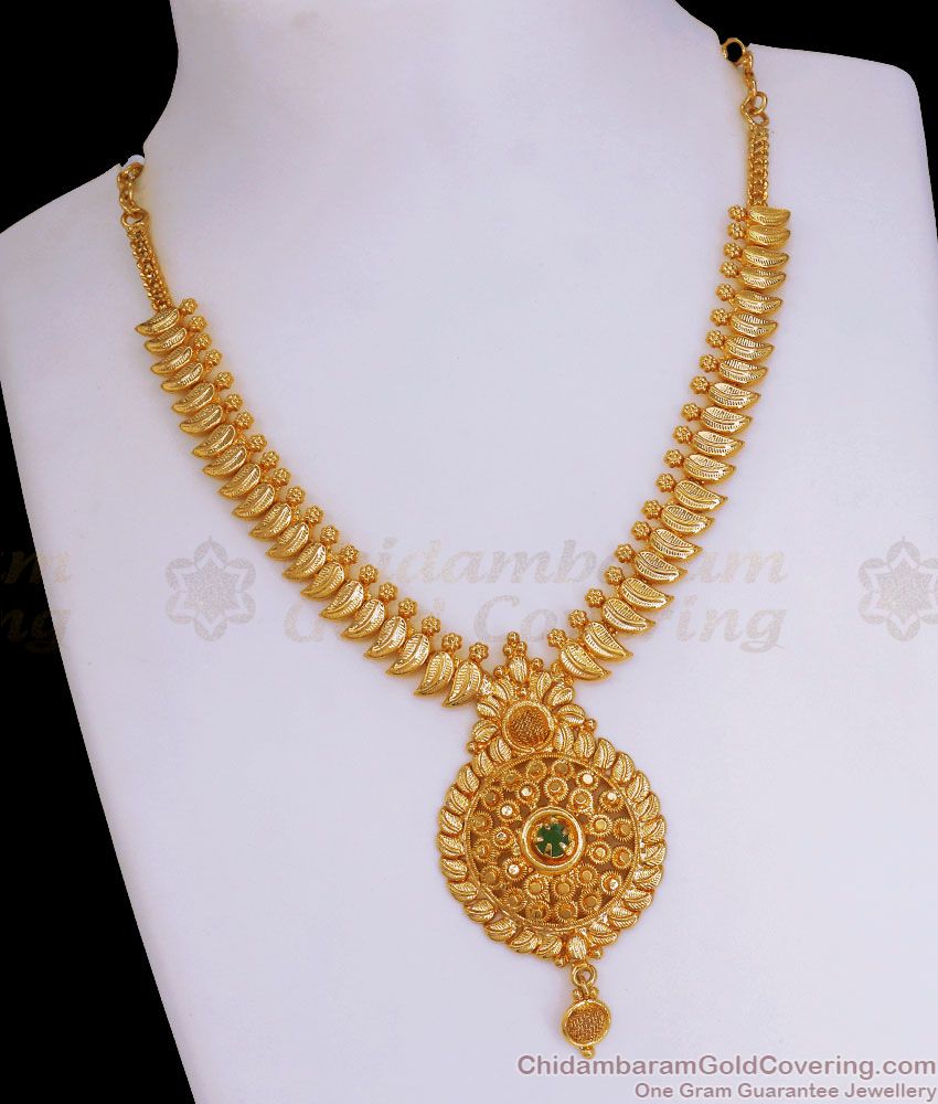 Bridal Wear 1 Gram Gold Necklace Emerald Stone Leaf Design NCKN2944