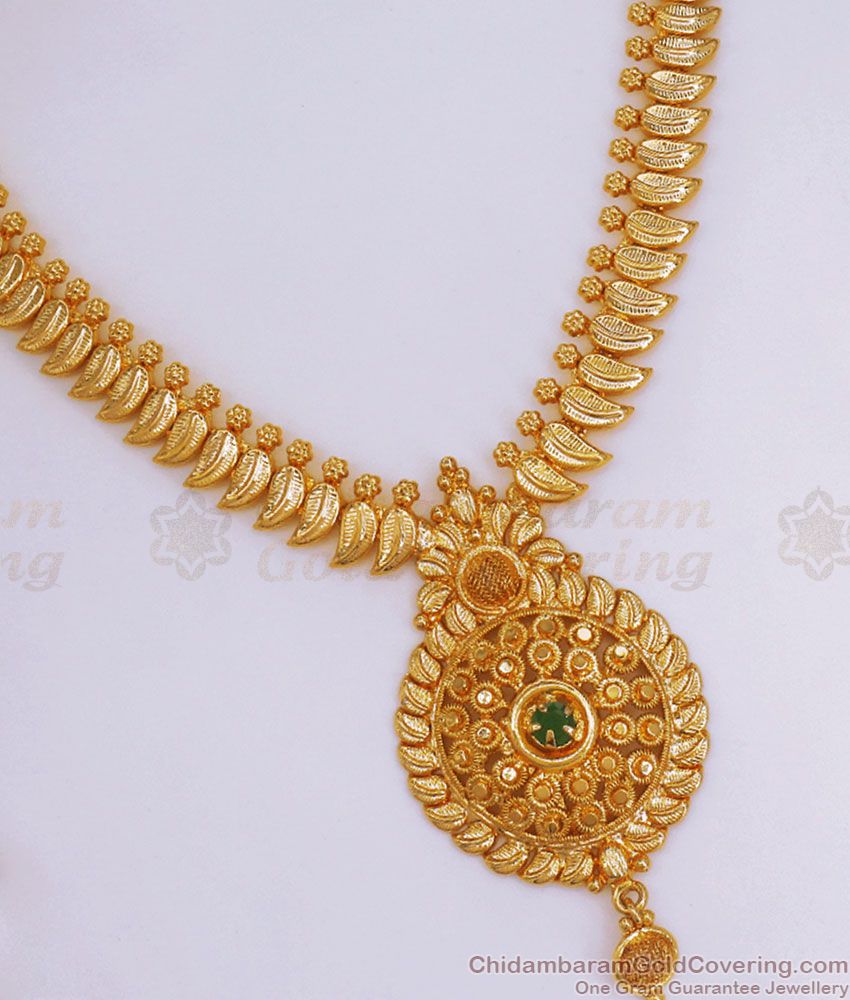 Bridal Wear 1 Gram Gold Necklace Emerald Stone Leaf Design NCKN2944