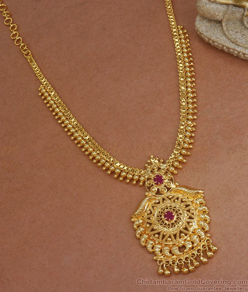 Stylish Gold Plated Necklace Ruby Stone Design With Hanging Beads NCKN2947