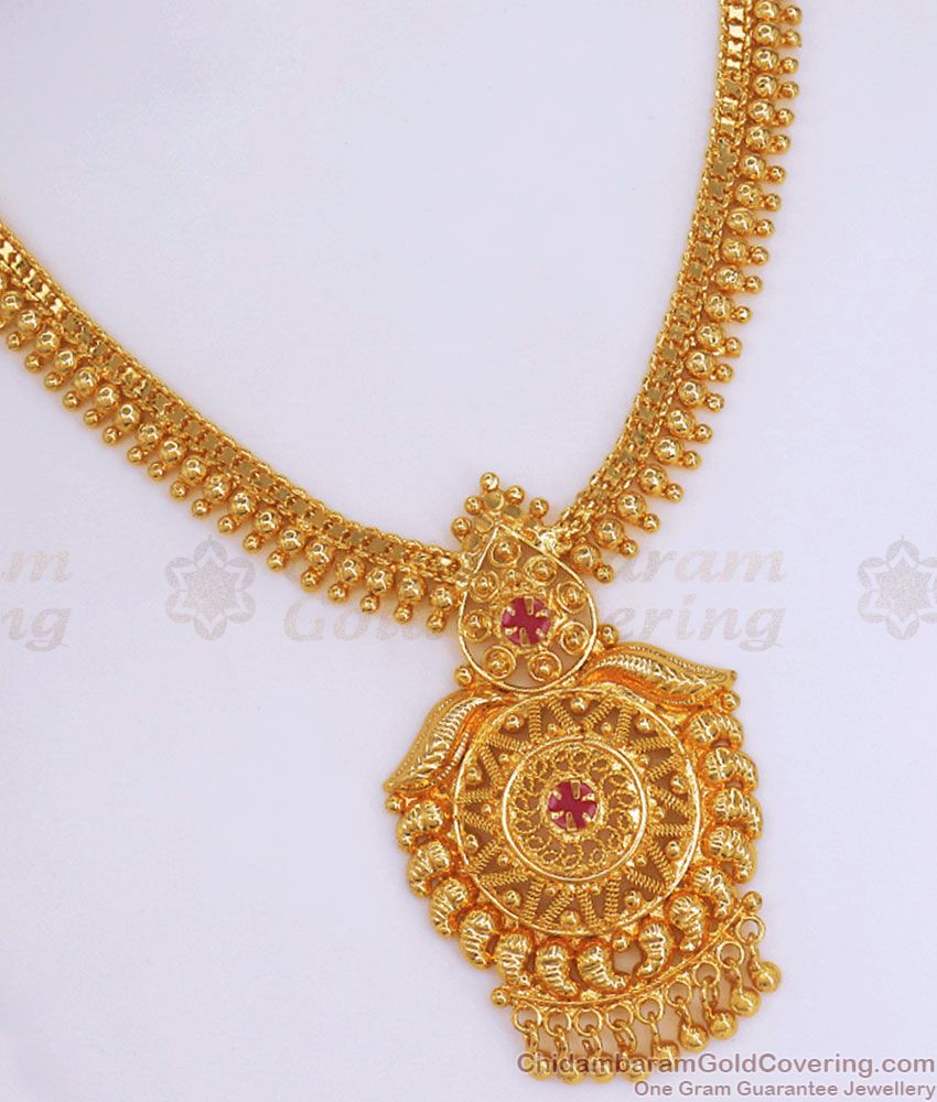 Stylish Gold Plated Necklace Ruby Stone Design With Hanging Beads NCKN2947