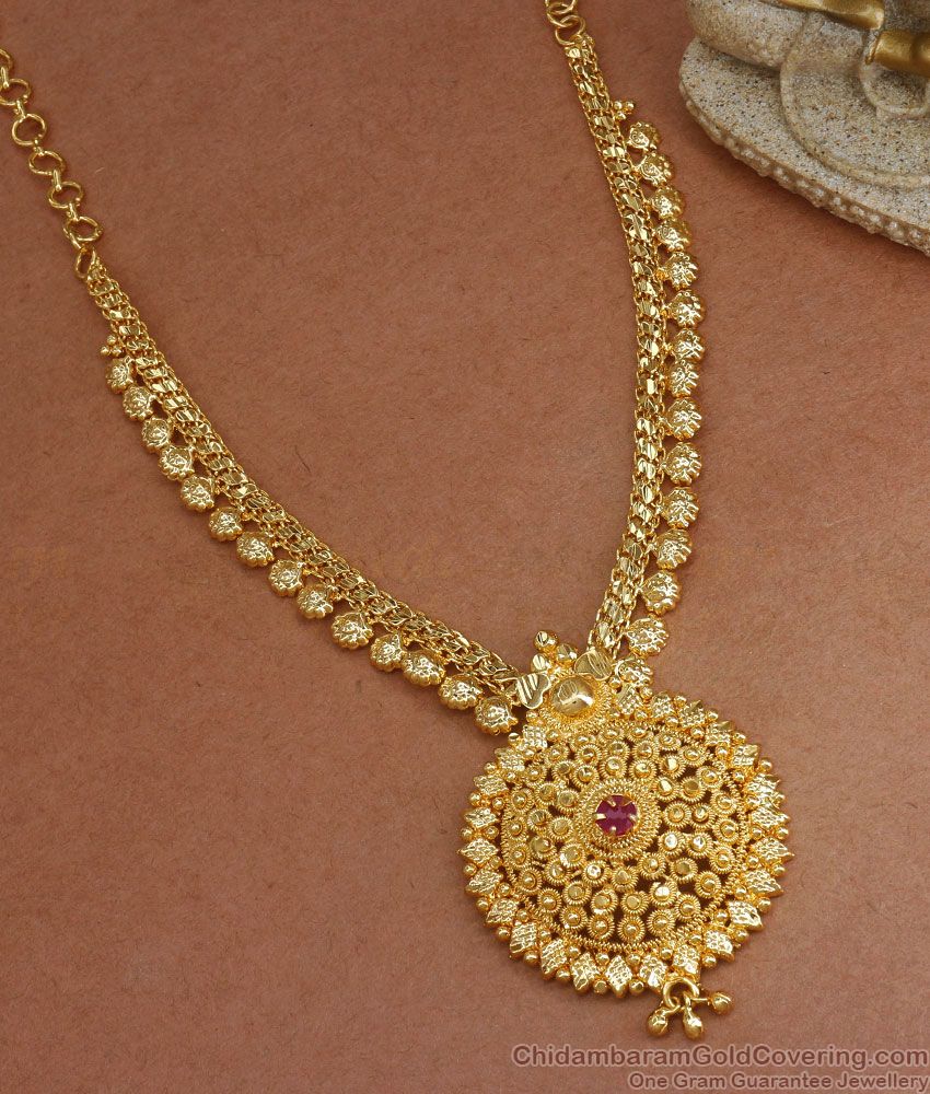 1 Gram Gold Necklace Single Ruby Stone Design Bridal Collection NCKN2949