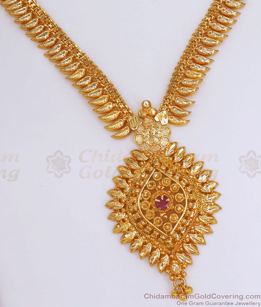 Real Gold Tone Necklace Single Ruby Stone Mullaipoo Pattern NCKN2967