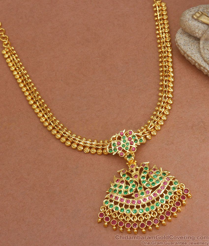 Peacock Design Gold Plated Broad Necklace Impon Attigai Dollar Multi Stone NCKN2977