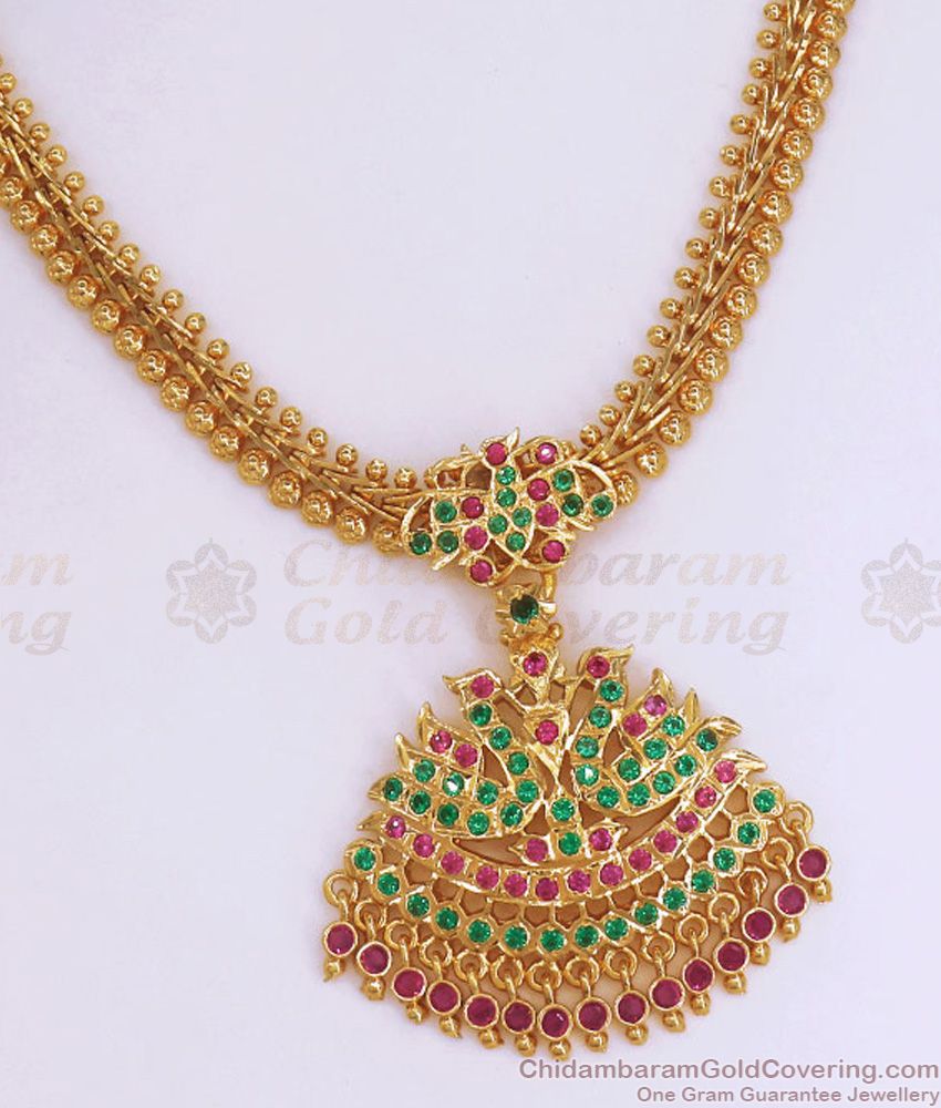 Peacock Design Gold Plated Broad Necklace Impon Attigai Dollar Multi Stone NCKN2977