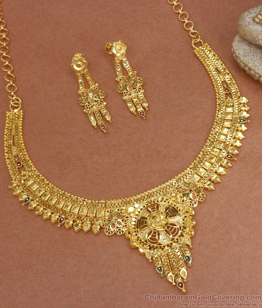 Real Gold Pattern Bridal Necklace Forming Earring Combo Set Shop Online NCKN2985