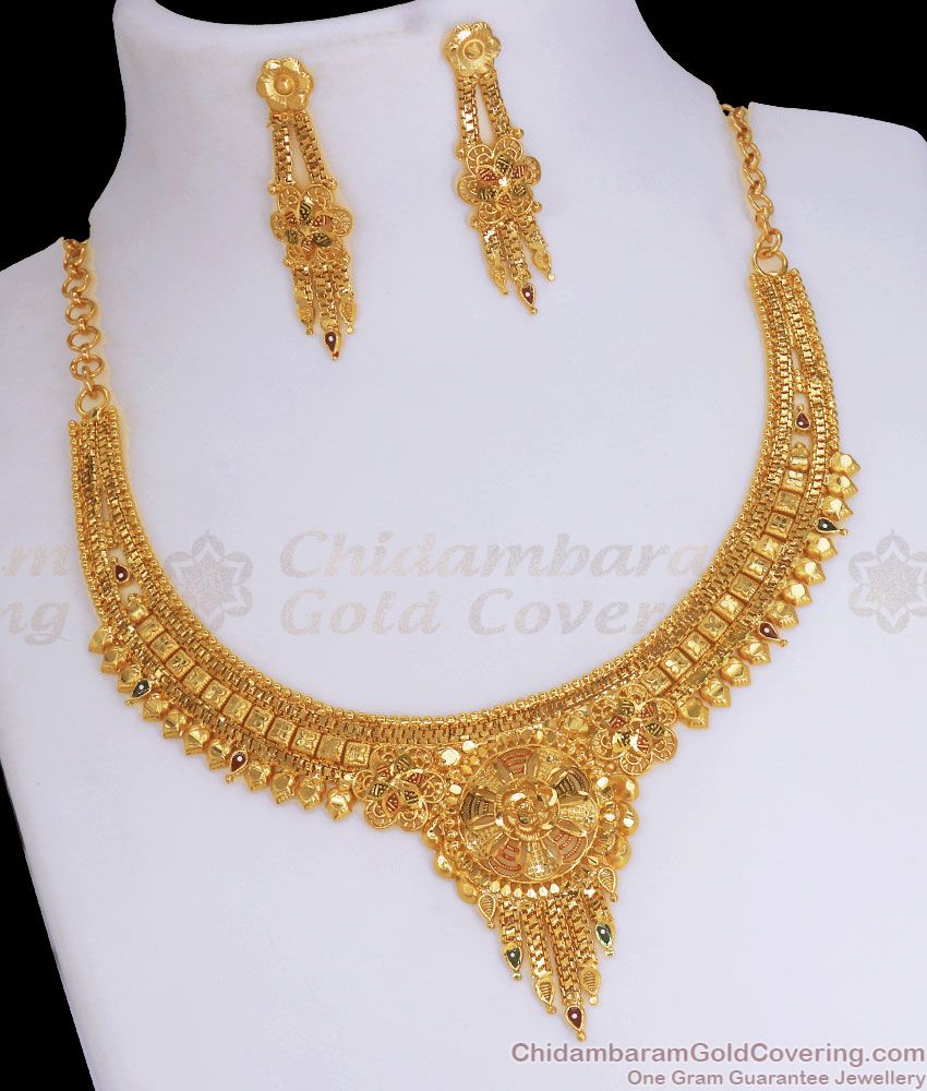 Real Gold Pattern Bridal Necklace Forming Earring Combo Set Shop Online NCKN2985