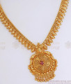 Bridal Wear Gold Plated Necklace Single Ruby Stone Floral Pattern NCKN2990