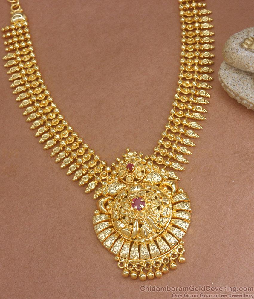 Kerala Pattern Gold Imitation Necklace Ruby Stone Designs NCKN3012