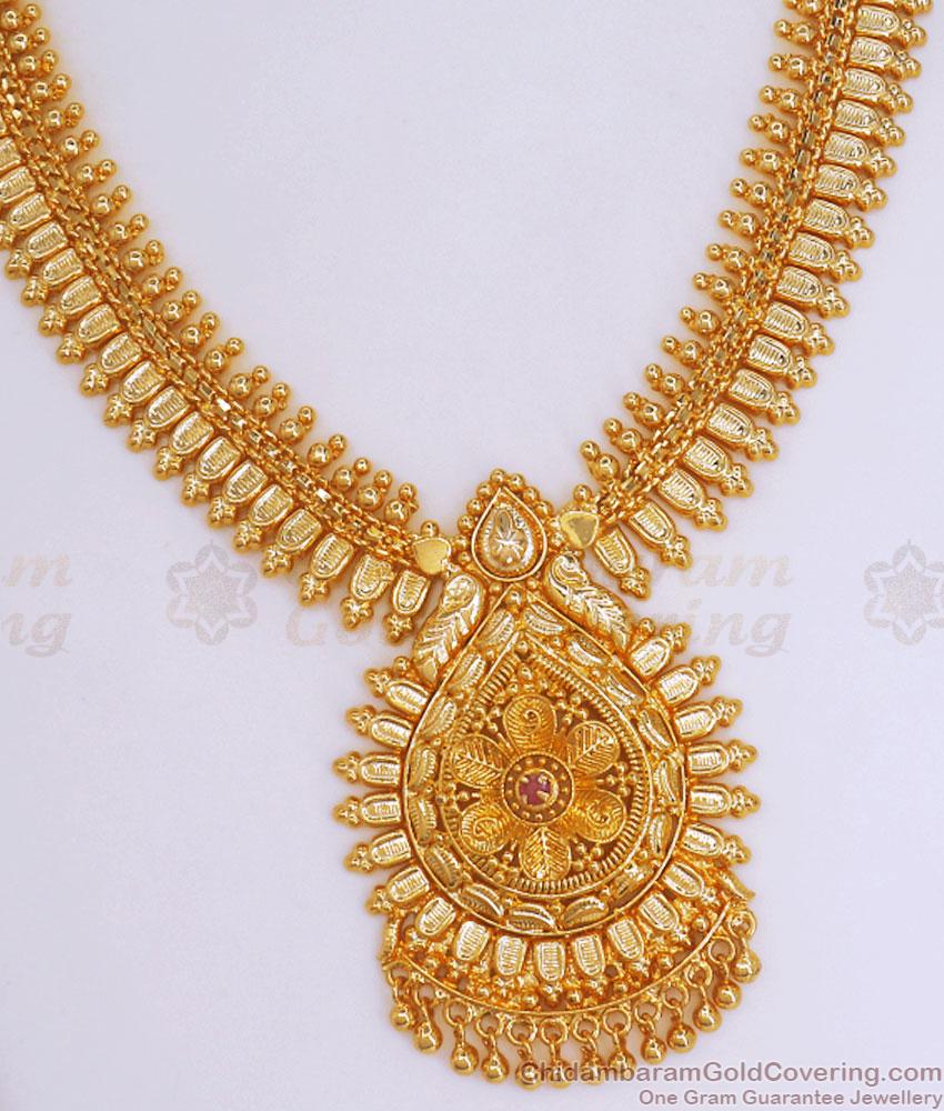 Attractive One Gram Gold Necklace Kerala Bridal Designs With Ruby Stone NCKN3013