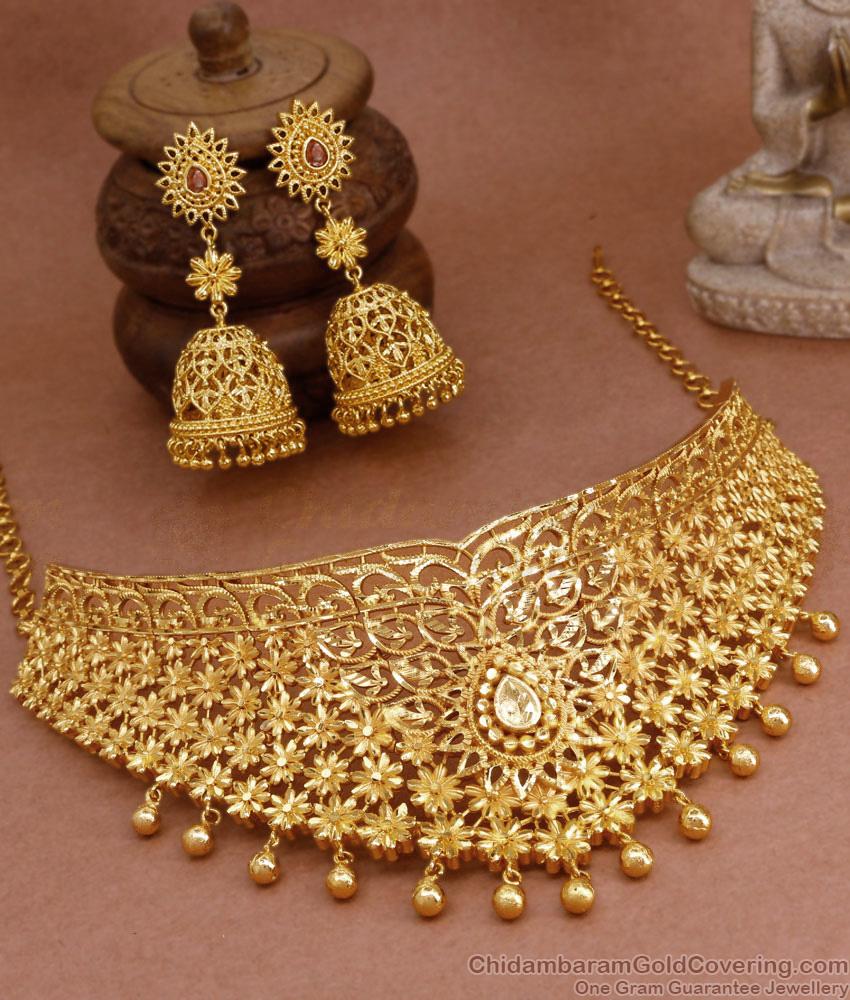 Beautiful Bridal Two Gram Gold Choker Necklace Jhumka Earring Combo Set NCKN3019 Beautiful Bridal Two Gram Gold Choker Necklace Jhumka Earring Combo Set NCKN3019