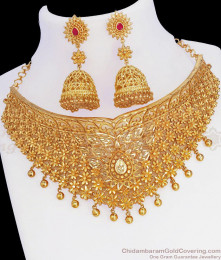 Beautiful Bridal Two Gram Gold Choker Necklace Jhumka Earring Combo Set NCKN3019