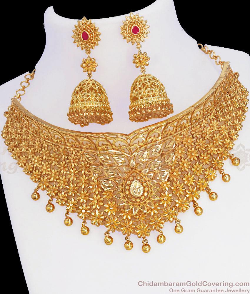 Beautiful Bridal Two Gram Gold Choker Necklace Jhumka Earring Combo Set NCKN3019 Beautiful Bridal Two Gram Gold Choker Necklace Jhumka Earring Combo Set NCKN3019