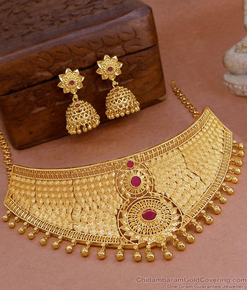 Exquisite Bridal Bliss Two-Gram Gold Choker Necklace Jhumka Earring Combo Set NCKN3020 Exquisite Bridal Bliss Two-Gram Gold Choker Necklace Jhumka Earring Combo Set NCKN3020