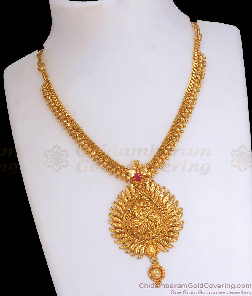 Elegant Ruby Stone Gold Plated Necklace Mullaimottu Design Kerala Bridal Jewelry NCKN3029