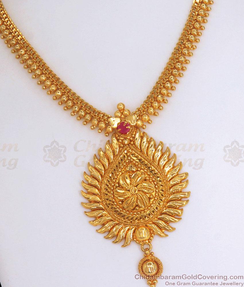 Elegant Ruby Stone Gold Plated Necklace Mullaimottu Design Kerala Bridal Jewelry NCKN3029
