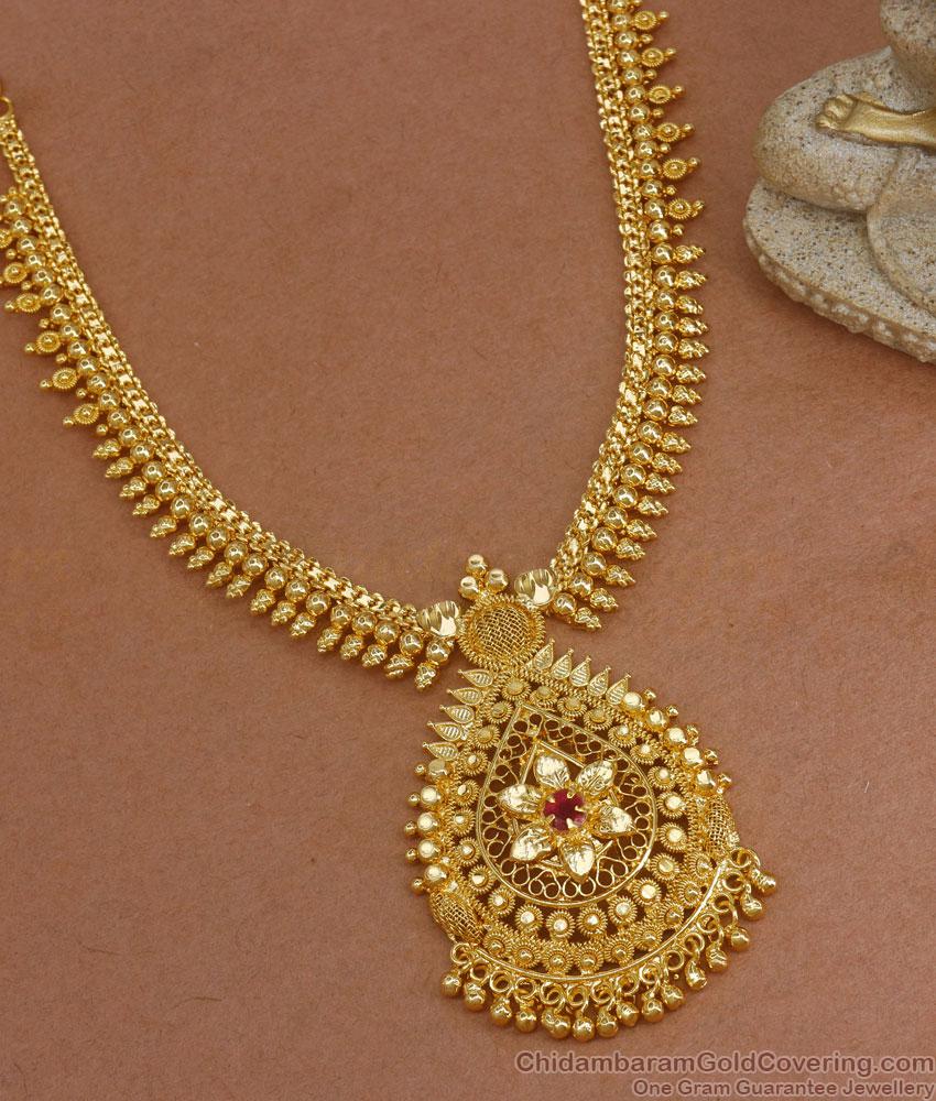 Traditional Gold Plated Necklace Ruby Stone Gold Beads Designs NCKN3033