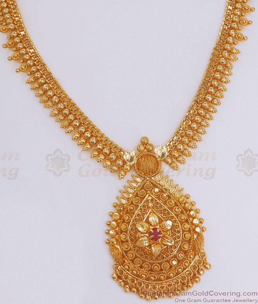 Traditional Gold Plated Necklace Ruby Stone Gold Beads Designs NCKN3033