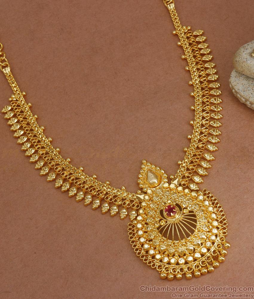 Stylish One Gram Gold Necklace Mullaipoo Kerala Pattern With Ruby Stones NCKN3036