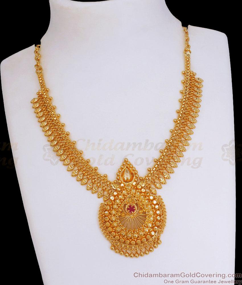 Stylish One Gram Gold Necklace Mullaipoo Kerala Pattern With Ruby Stones NCKN3036