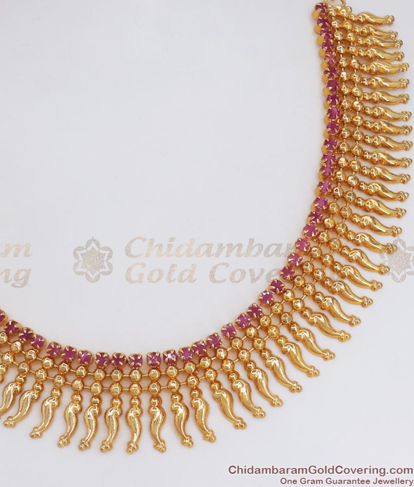 Unique 1 Gram Gold Necklace Ruby Stone Mullai Designs NCKN3052