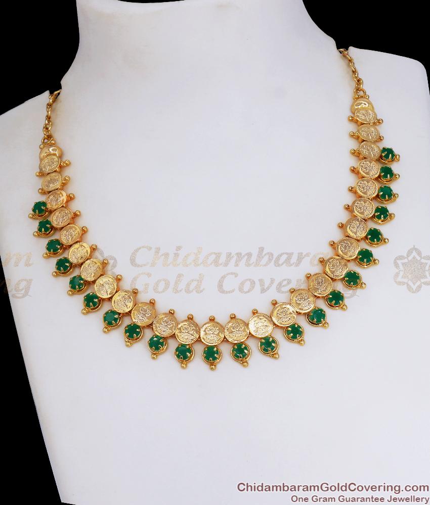 Traditional Lakshmi Coin Gold Plated Necklace Emerald Stone Designs NCKN3053