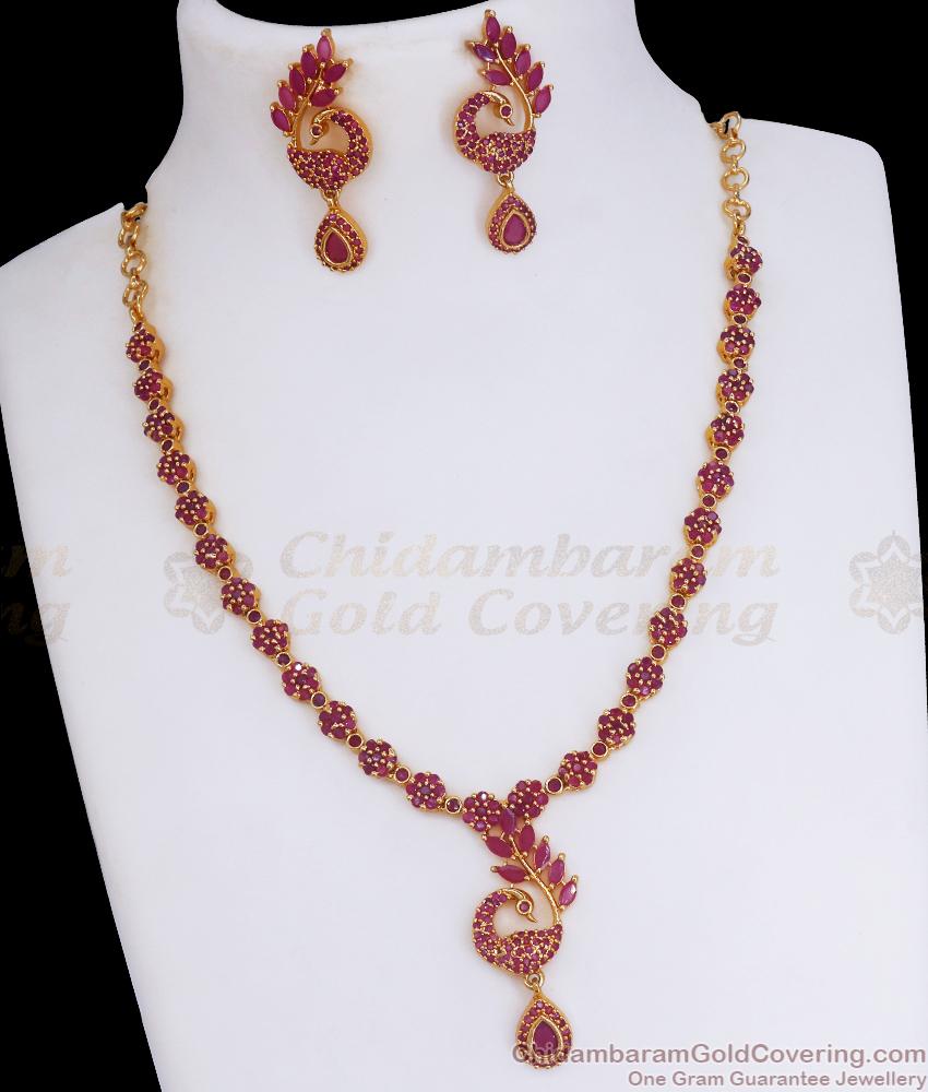 Full Ruby Stone Peacock Design Gold Necklace Earring Combo Set NCKN3062