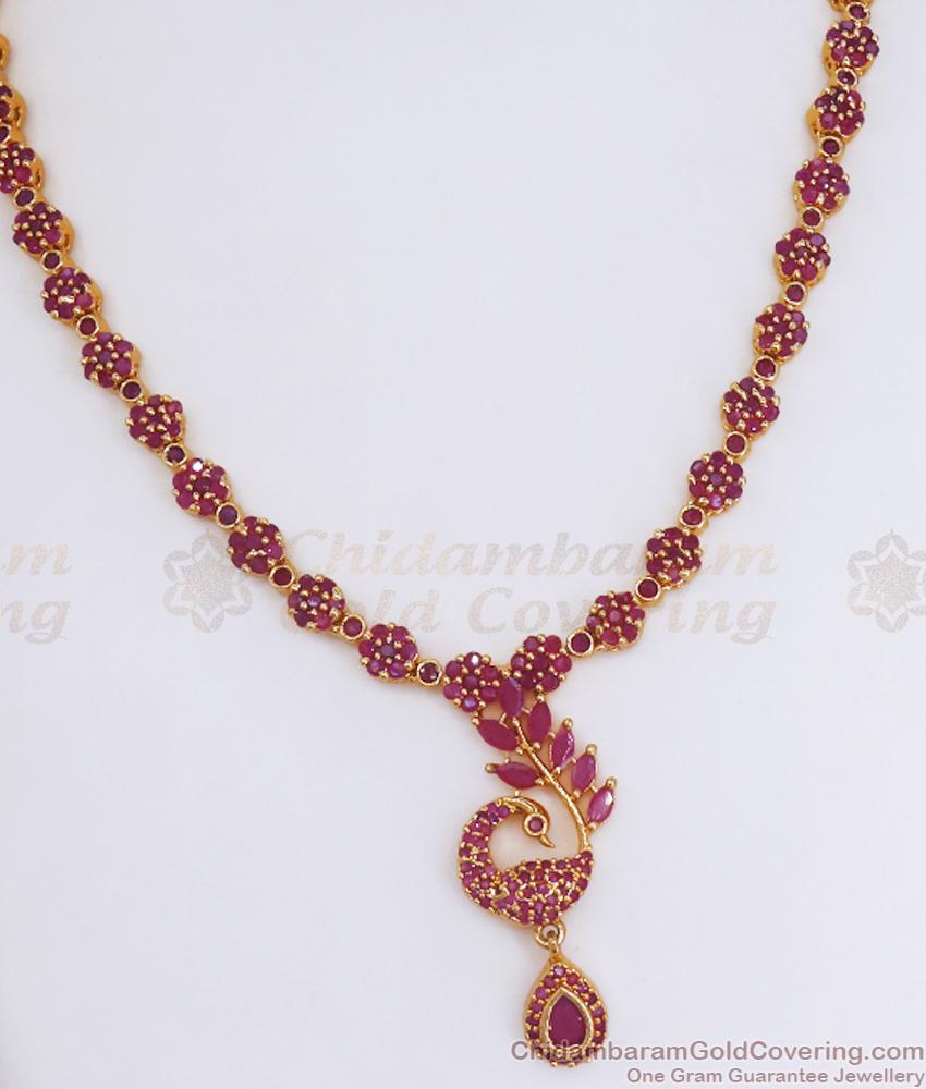 Full Ruby Stone Peacock Design Gold Necklace Earring Combo Set NCKN3062