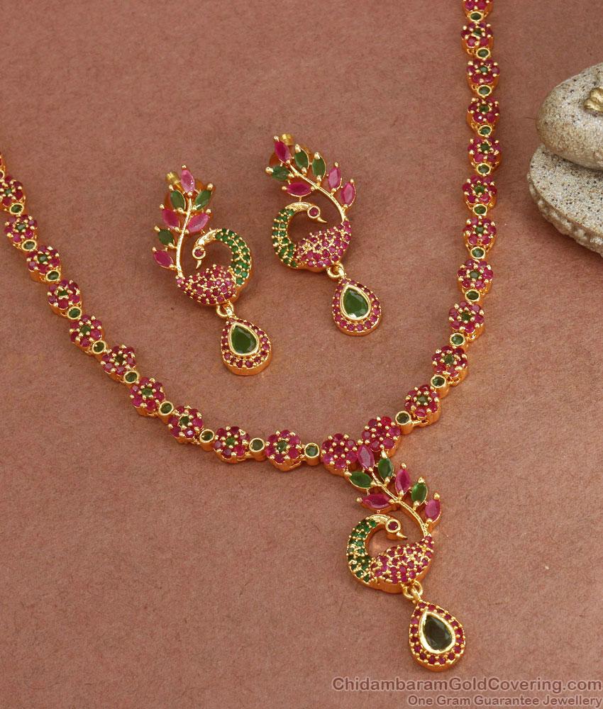 One Gram Gold Necklace Set Full Ruby Green Stone Peacock Design NCKN3063