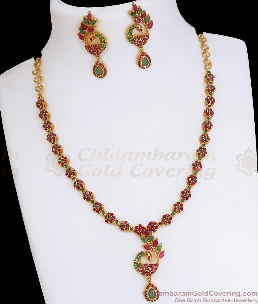 One Gram Gold Necklace Set Full Ruby Green Stone Peacock Design NCKN3063