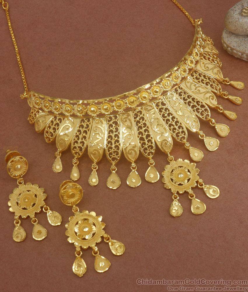 Luxurious 2 Gram Gold Bridal Choker Forming Necklace Earring Combo NCKN3075