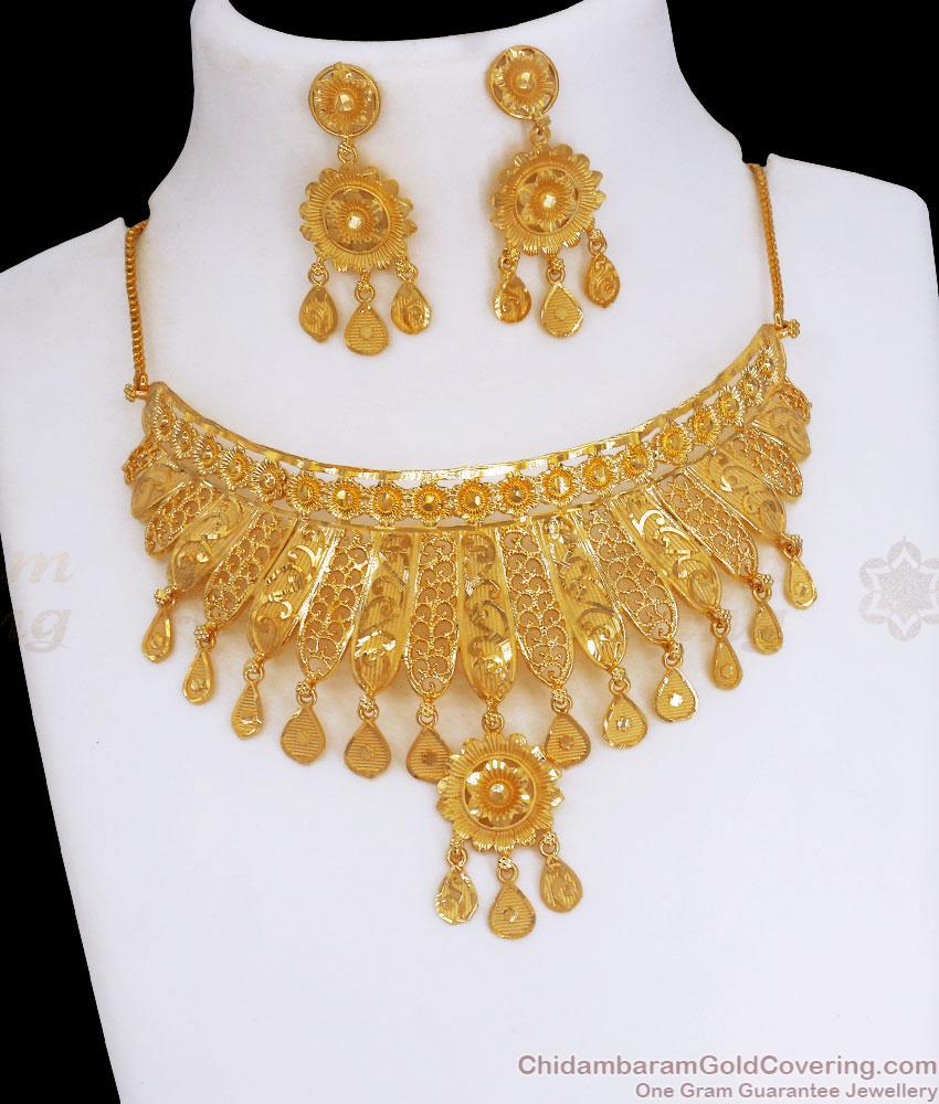 Luxurious 2 Gram Gold Bridal Choker Forming Necklace Earring Combo NCKN3075