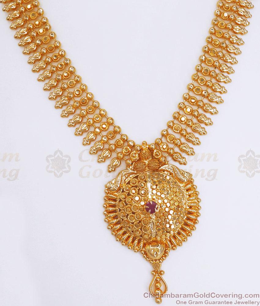 Unique 3 Line Gold Plated Necklace Single Ruby Stone Collections NCKN3086