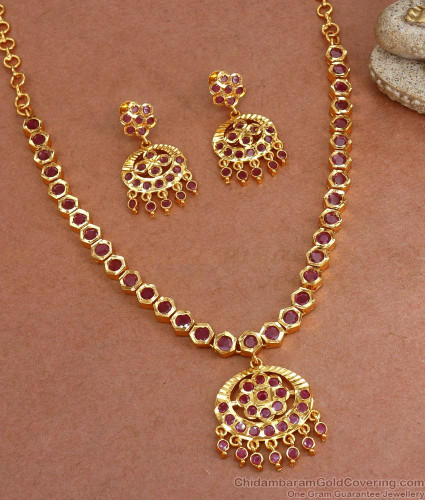 Stylish Ruby Kemp Stone Gold Plated Necklace Earring Combo Shop