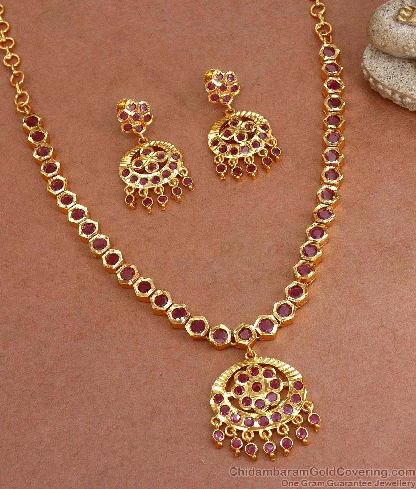 Stylish Ruby Kemp Stone Gold Plated Necklace Earring Combo Shop Online NCKN3104