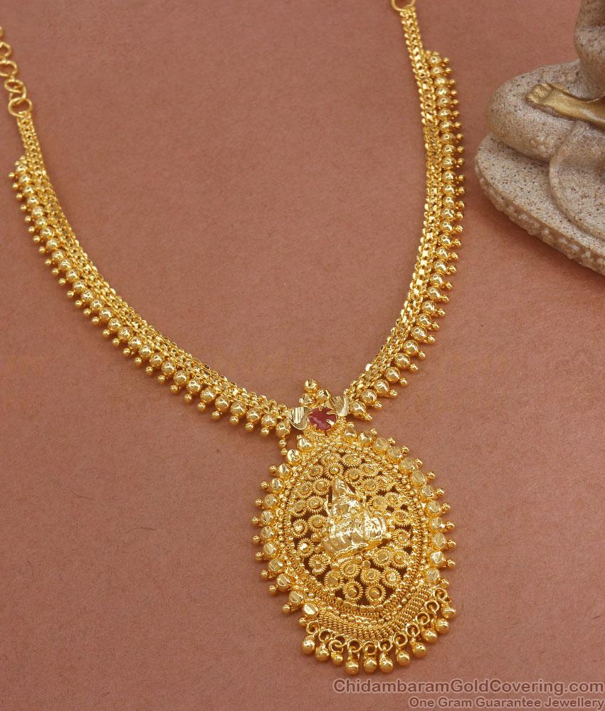 Single Ruby Stone Gold Plated Necklace Lakshmi Golden Beads Designs NCKN3116