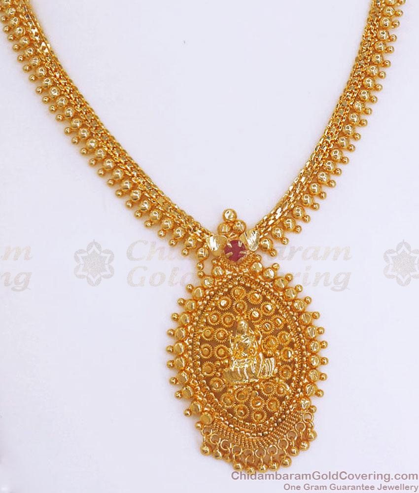 Single Ruby Stone Gold Plated Necklace Lakshmi Golden Beads Designs NCKN3116