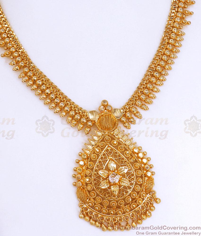 Real Gold Pattern Necklace White Stone Kerala Jewelry Collections NCKN3127