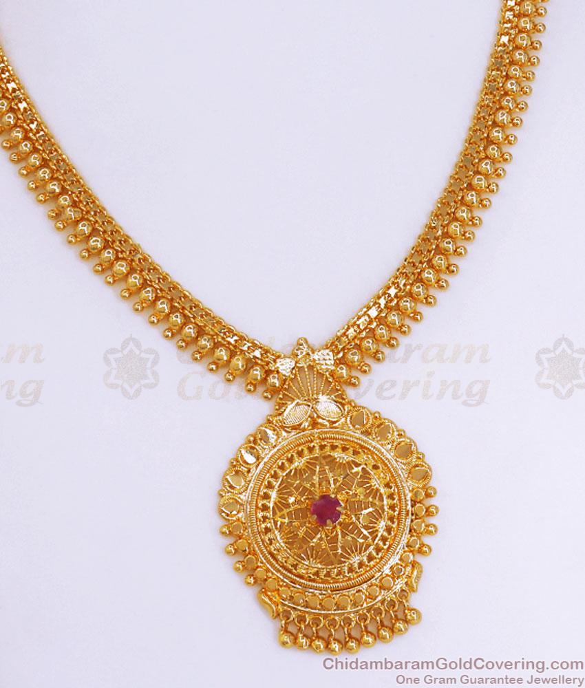 Elegant Gold Imitation Necklace Beaded Design With Ruby Stone NCKN3131