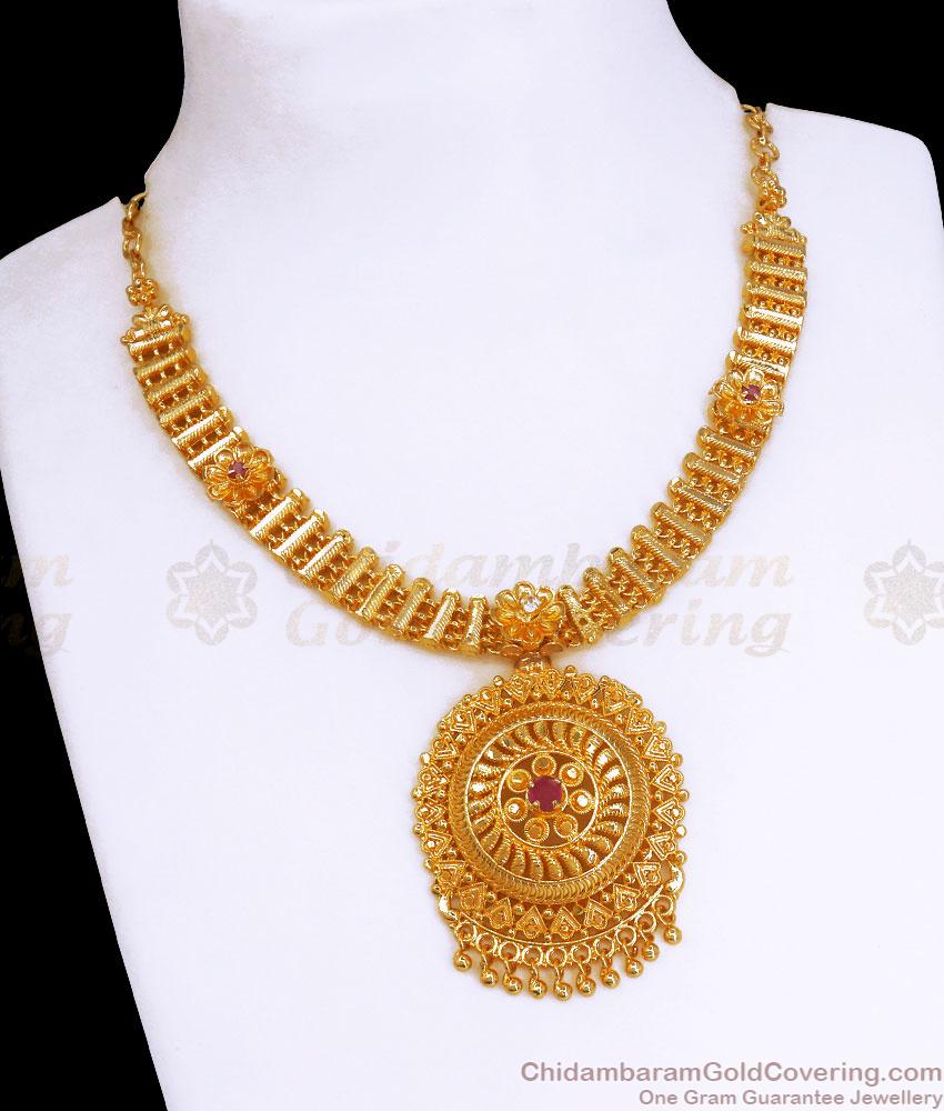 Elegant 1 Gram Gold Necklace Ruby Stone Kerala Designs Shop Online NCKN3135