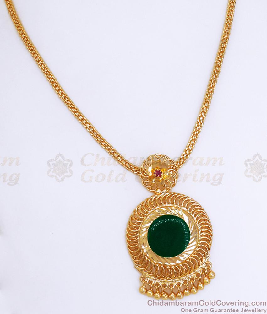 Stylish Gold Plated Necklace Big Single Green Palakka Stone Collections NCKN3166