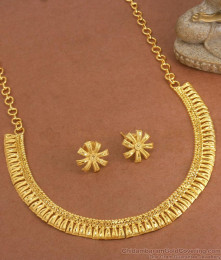 Close Neck Forming Gold Kerala Necklace With Pin Type Earrings NCKN3185 Close Neck Forming Gold Kerala Necklace With Pin Type Earrings NCKN3185