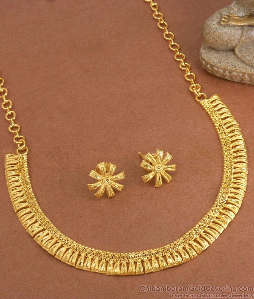 Close Neck Forming Gold Kerala Necklace With Pin Type Earrings NCKN3185