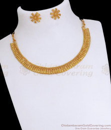 Close Neck Forming Gold Kerala Necklace With Pin Type Earrings NCKN3185 Close Neck Forming Gold Kerala Necklace With Pin Type Earrings NCKN3185