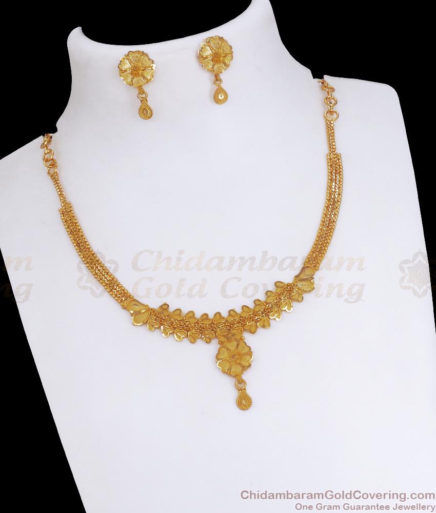 Pure Forming Gold Necklace Floral Design With Pin Type Earrings NCKN3192