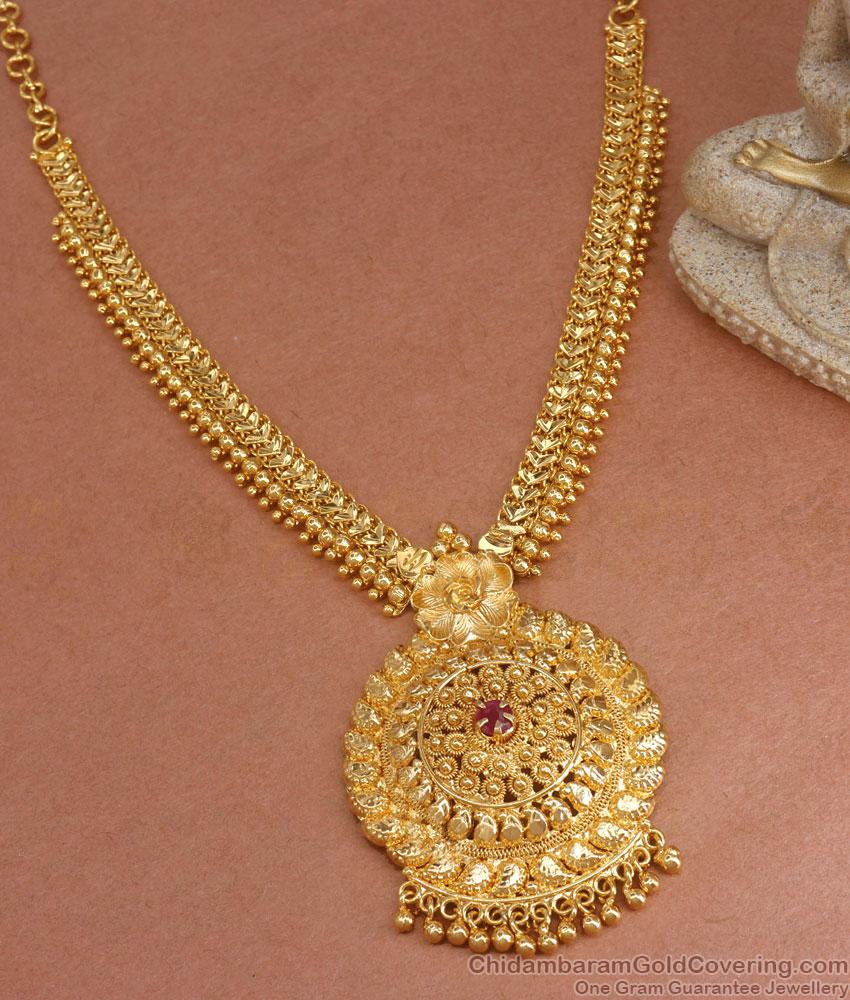 Womens Bridal Gold Dollar Necklace Single Ruby Stone Design NCKN3207