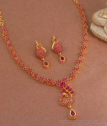 1 Gram Gold Necklace Earrings Peacock Design Ruby Stone Combo NCKN3228 1 Gram Gold Necklace Earrings Peacock Design Ruby Stone Combo NCKN3228